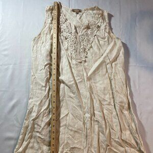 Carla Conti Mini Dress Womens XS Tan‎ Linen Crochet Trim Sleeveless V-Neck